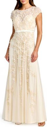 Mac Duggal Floral Embellished Short Sleeve Mesh Gown in Butter at Nordstrom, Size 18