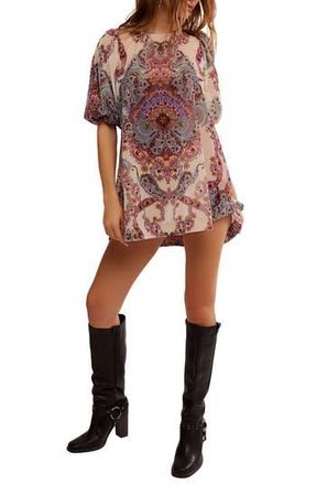 Free People Maye Print Puff Sleeve Velvet Tunic Top in Tea Combo at Nordstrom Rack, Size X-Large