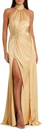 Mac Duggal Open Back High Neck Side Ruched Gown in Gold at Nordstrom, Size 10