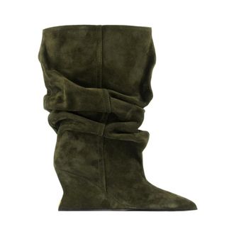 Balmain Draped Suede Wedge Ankle Boots - female - Balmain - Ankle Boots - Green - 7 UK - Shoes