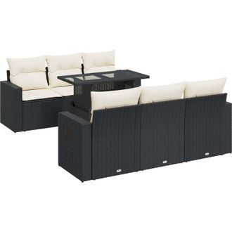 vidaXL Vidaxl - Set De Sof&aacute;s De Jard&iacute;n 7 Pzas Con Cojines Rat&aacute;n Sint&eacute;tico Negro