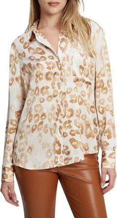 Bardot Classic Leopard Satin Button-Up Shirt at Nordstrom Rack, Size 6