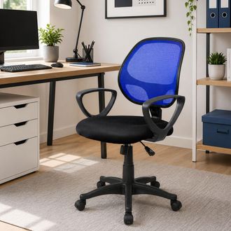 Dmora Silla De Oficina Ddjidj, Silla Operativa De Malla Con Reposabrazos, Asiento De Oficina Ergon&oacute;mico, 56x57h88/100 Cm, Negro Y Azul - Dmora