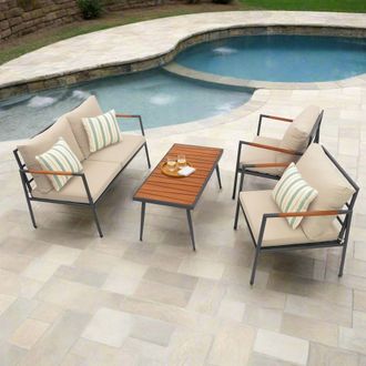 Teamson Home Cushioned Backrest & Wood Armrests Conversation Set Outdoor Patio Furniture