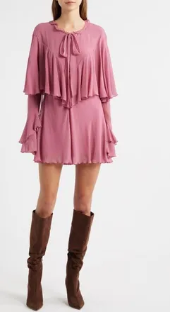 LoveShackFancy Liraine Ruffle Long Sleeve Minidress in Deep Rose at Nordstrom, Size X-Small