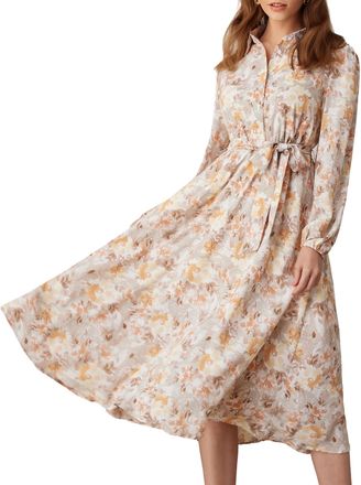 Grace Karin Womens Autumn A Line Midi Dress Casual Lantern Sleeve High Waist Dress Floral Dress with Belt Green-Orange Flowers L