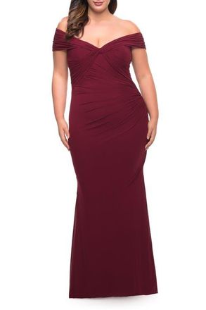 La Femme Long Net Jersey Plus Dress with Bodice Design in Wine at Nordstrom, Size 14W