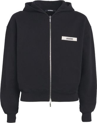 Jacquemus Mens Grosgrain Logo Zip-Up Hoodie - Black Cotton - Size X-Large