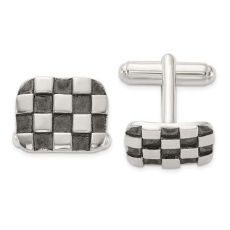 Diamond2Deal Sterling Silver Oxidized Brushed and Polished Checkerboard Cuff Links
