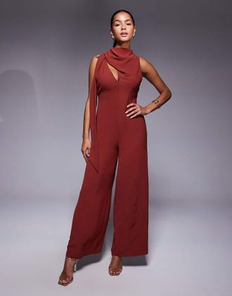 Asos Tuta jumpsuit a fondo ampio color ruggine con scollo ad anello drappeggiato con allacciatura-Rosso