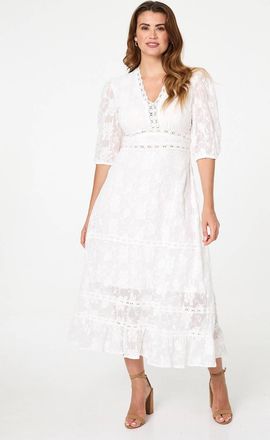 Izabel London Womens White Lace 3/4 Sleeve Tiered Midi Dress - Size 10 UK