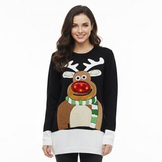 Janisramone Janisramone Womens Mens New Unisex Christmas Tree Light Up Rudolph Novelty Vintage LED Jumper Sweater Top, Black - Rudolph Light, 20-22