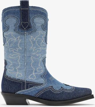 Ganni Blue Mid Shaft Embroidered Western Boots in Denim - Size 39 Organic Cotton