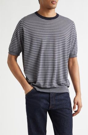 John Smedley Howick Stripe Merino Wool & Sea Island Cotton T-Shirt in Navy/Chalk at Nordstrom, Size X-Large