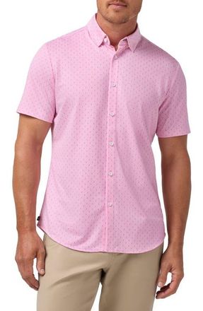 Mizzen+Main Halyard Geo Print Short Sleeve Performance Button-Up Shirt in Pink Salt Tossed Triangle at Nordstrom, Size Xx-Large
