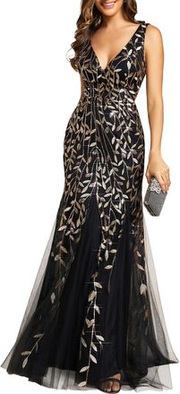 Ever-pretty Womens Sexy V Neck Sleeveless Elegant Floor Length Long Mermaid Prom Evening Dresses Black Gold 12UK