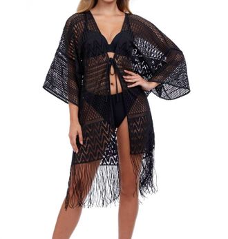 Gottex Open Front V-Neck Crochet Dress Cover Up In Tutti Frutti Black