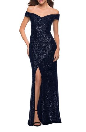La Femme Off the Shoulder Ruched Sequin Dress with Slit in Navy at Nordstrom, Size 16