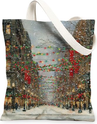 Generic Winter Street Scene Canvas Tote Bags, Festive Holiday Pattern Reusable Grocery Bags, Vintage Artistic Lightweight Washable, Multicolor, 13x15 Inch