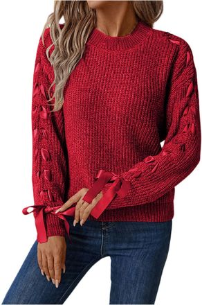 Generic Womens Knitted Jumpers Vintage Y2k Bow Crewneck Sweater Ladies Casual Stylish Long Sleeve Knitwear Jumper(Red, XL)