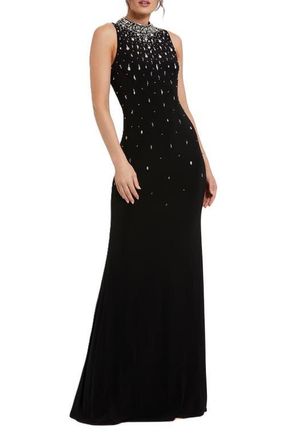 Mac Duggal High Neck Sleeveless Beaded Jersey Fitted Gown in Black at Nordstrom, Size 12