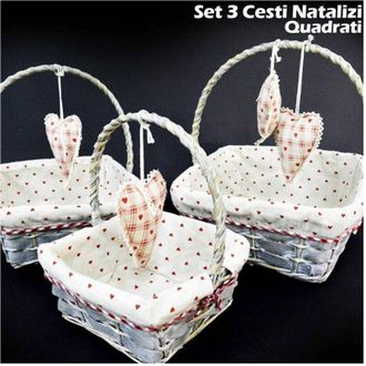 Trade Shop Trade Shop - Set 3 Cestini Natalizi Quadrati In Vimini E Tessuto Diametro 38/33/28 Cm Grigio