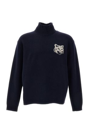 Maison Kitsun&eacute; Blue Fox Head Intarsia Merino Wool High-Neck Sweater