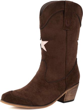 Generic Womens Block Heel Knight Boots Pointed Toe Western Cowboy Boots Pull on Wide-Calf Boots with Embroidery Stitched,Brown,7.5 UK