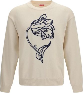 Kenzo Maglione Ricamato Tulipano - - Knitwear - Uomo - Beige - S