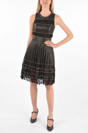 Philipp Plein COUTURE EST.1978 Vestito in Pelle Borchiata LACE con Gonna Pliss&egrave; e Dettagli in Pizzo Philipp Plein