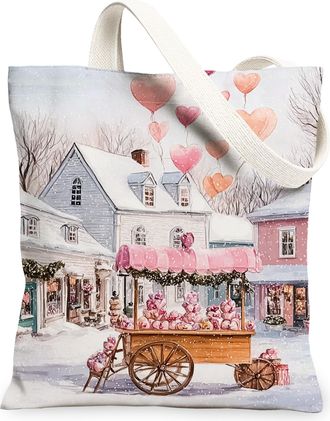 Generic Winter Hearts Canvas Tote Bags, Artistic Vintage Heart Pattern Reusable Grocery Bags, Lightweight Washable Shoulder Strap C, Peach, 13x15 Inch