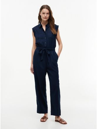 Tommy Hilfiger Womens Belted Linen-Blend Utility Jumpsuit - Dark Night Navy - XL