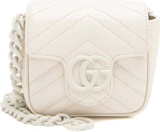 Gucci White Matelasse Leather Gg Marmont Monochrome Square Chain Belt Bag (Authentic Pre-Loved)