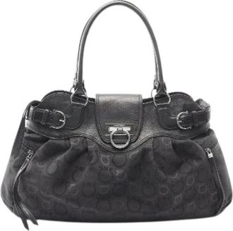 Ferragamo Pre-owned Handbags, female, Black, Size: ONE SIZE Pre-owned Gancini Canvas Leather Tote Bag