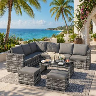Merax 8 Seater Garden Corner Sofa Set With Coffee Table & 2 Stools in Grey