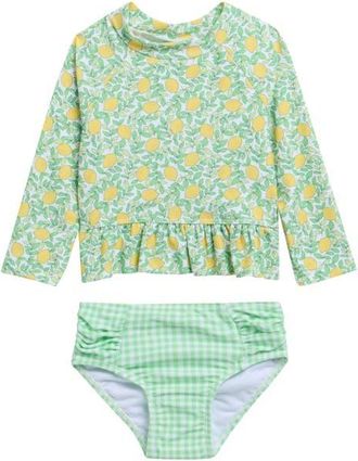 Little Me Kids Lemon Long Sleeve UPF 50+ Two-Piece Rashguard Swimsuit in Green at Nordstrom, Size 6-9M