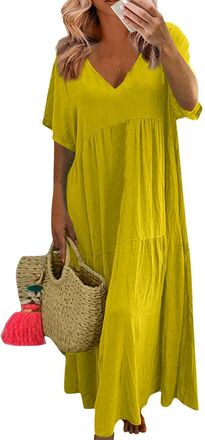 Generic Linen Maxi Dress for Women Summer Cotton Linen V-Neck Short Sleeve Baggy Outfits Oversized Boho Vacation Dresses