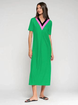Vilagallo Contrasting V-Neck Long Dress In Green