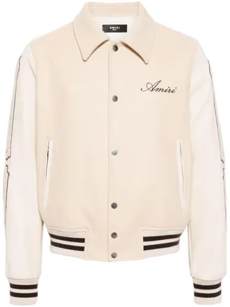 Amiri Bones appliqu&eacute;-detail varsity jacket - men - Wool/Nylon/Viscose/Ovine Leather (top grain) - 38 - Neutrals