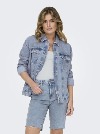 Only Jeansjacke ONLY ONLOCEAN - Jeansjacke mit Knopfleiste und B&uuml;ndchen, Damen, Gr. L, blau (light blau denim), Web, Obermaterial: 100% Baumwolle, unifarbe