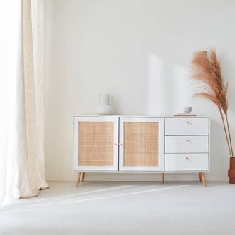 Sweeek 150cm Scandi-style Wooden & Cane Effect Sideboard in White