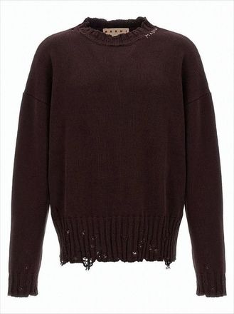 Marni Distressed Cotton Knit Sweater With Embroidered Logo