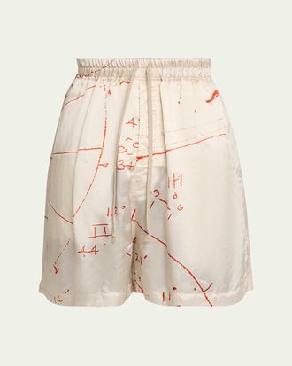 Rick Owens Math Print Satin Drawstring Shorts