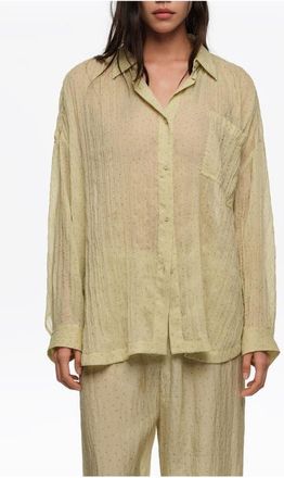 Bimba & Lola Mini Dots Pleated Oversize Shirt in Dots Mini Olive at Nordstrom, Size X-Small Eu