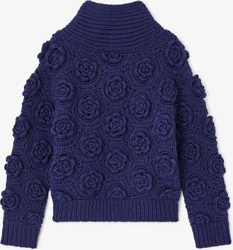 Ganni Navy Dark Blue Flower Crochet Jumper - Size S Wool
