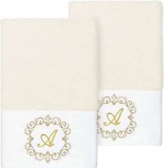Linum Home Textiles Set Of Two 100% Turkish Cotton Monogram Embellished Hand Towels