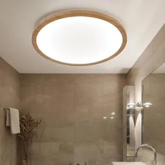 Globo Lighting Lampada Da Soffitto Bagno Chiaro Aspetto Legno Lampada Da Soggiorno Plafoniera Retroilluminazione Led, Ip44, Opale Satinato, 1x Led 24w 2300lm 3000k B