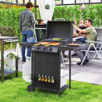 OUTSUNNY 4 Burner Gas Barbecue Grill Portable Gas BBQ Grill with Lid, Black