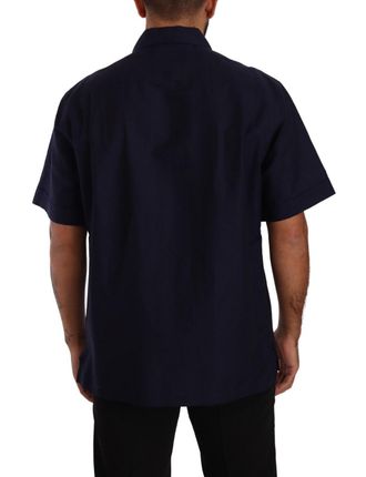 Dolce & Gabbana Mens Navy Blue Button Down Short Sleeves Shirt Flax Cotton