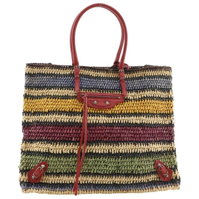 Multi-Color Red Color Raffia Tote Bag (Pre-Owned)